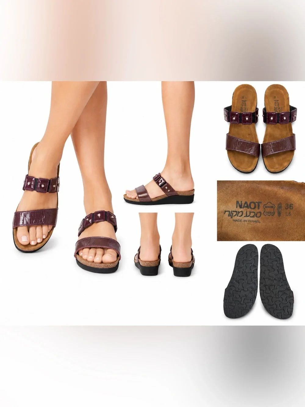 Naot Women’s Burgundy Patent Leather Comfort Sandals 36 US 5.5 Made in Israel